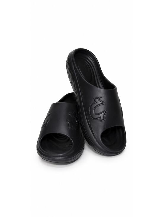 True Religion Mens Slides Size 10 M US NWT Black Horseshoe Logo Chunky Sandals